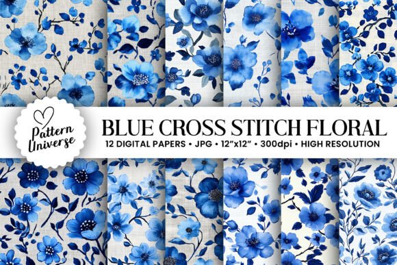 Blue Cross Stitch Floral Digital Papers Review